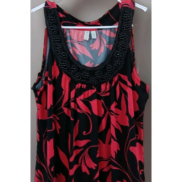 Madison Large Black Pink Floral Beaded Scoop Neck Top Stretch Boho Y2K Tank EUC - Picture 2 of 4